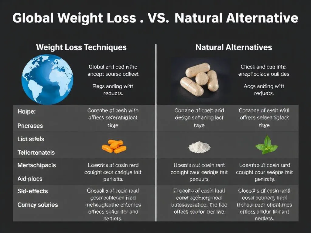 Comparison table visual of global weight loss techniques vs. natural alternatives, showing different mechanisms and side effects