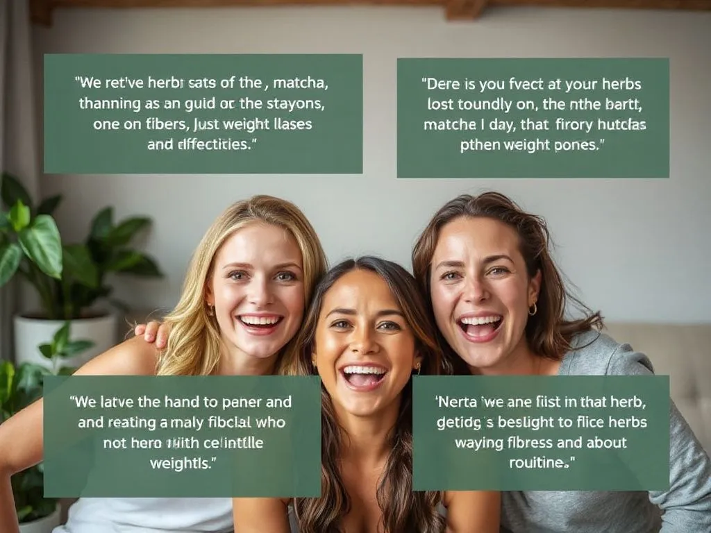 Enthusiastic testimonials from users who successfully integrated herbs like matcha and fibers into their weight loss routines, expressive faces and positive ambiance