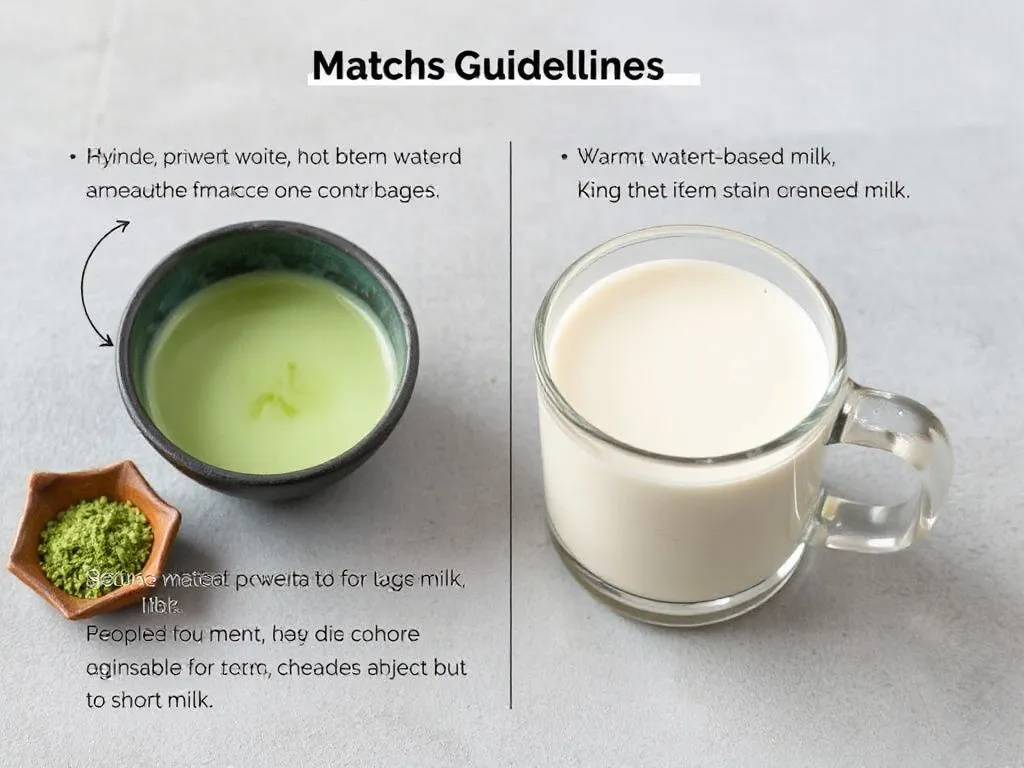 Guidelines and setups for using matcha in daily routines, including match preparation with warm water and plant-based milk, photorealistic