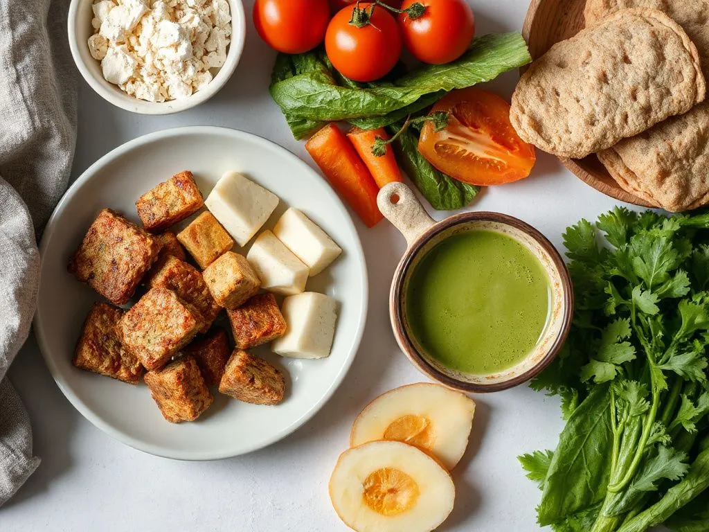 Healthy meal setting with protein-rich foods, fiber-packed vegetables, and a cup of matcha tea, representing daily integration strategies