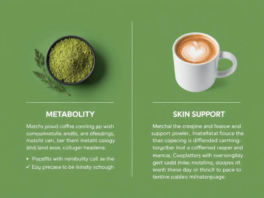 Overview of matcha powder and collagen coffee, illustrating their benefits for metabolism and skin support, minimalistic design