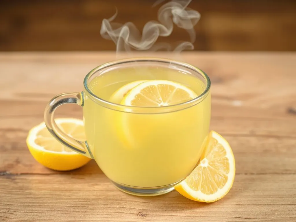 Photorealistic depiction of a steaming cup of detox tea with lemon slices, symbolizing relaxation and refreshment, representing addition to weight loss routine.