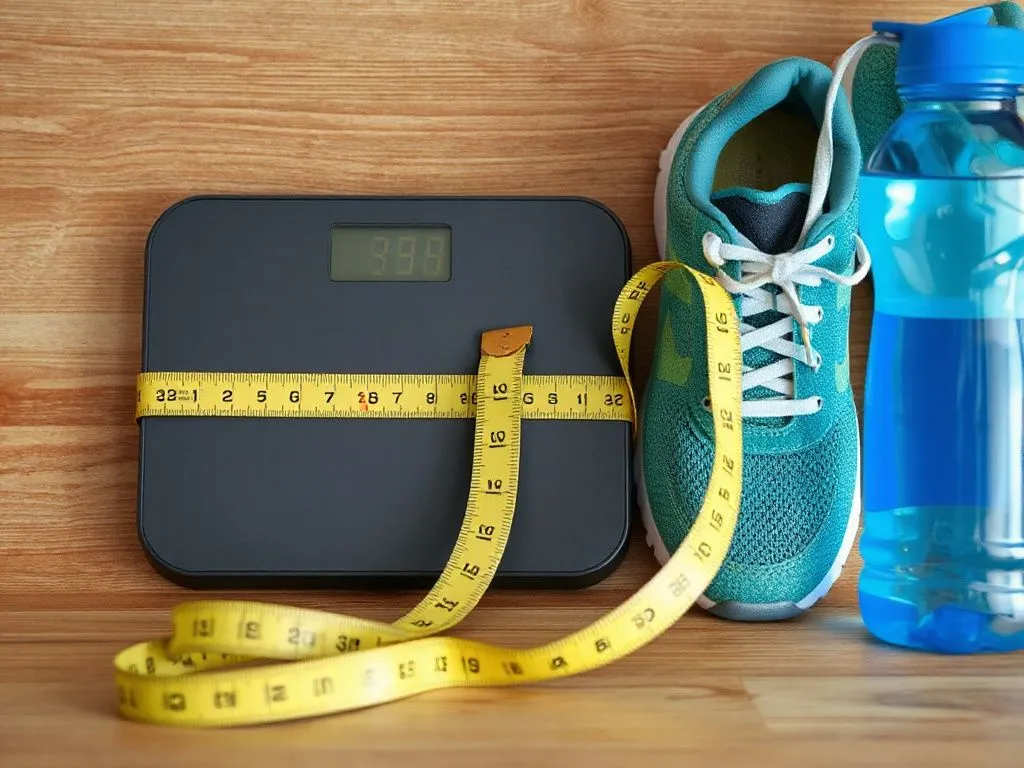 Image showing weight loss progress including tape measure, shoes for exercise, and water bottle, representing healthy lifestyle towards achieving fitness goals.