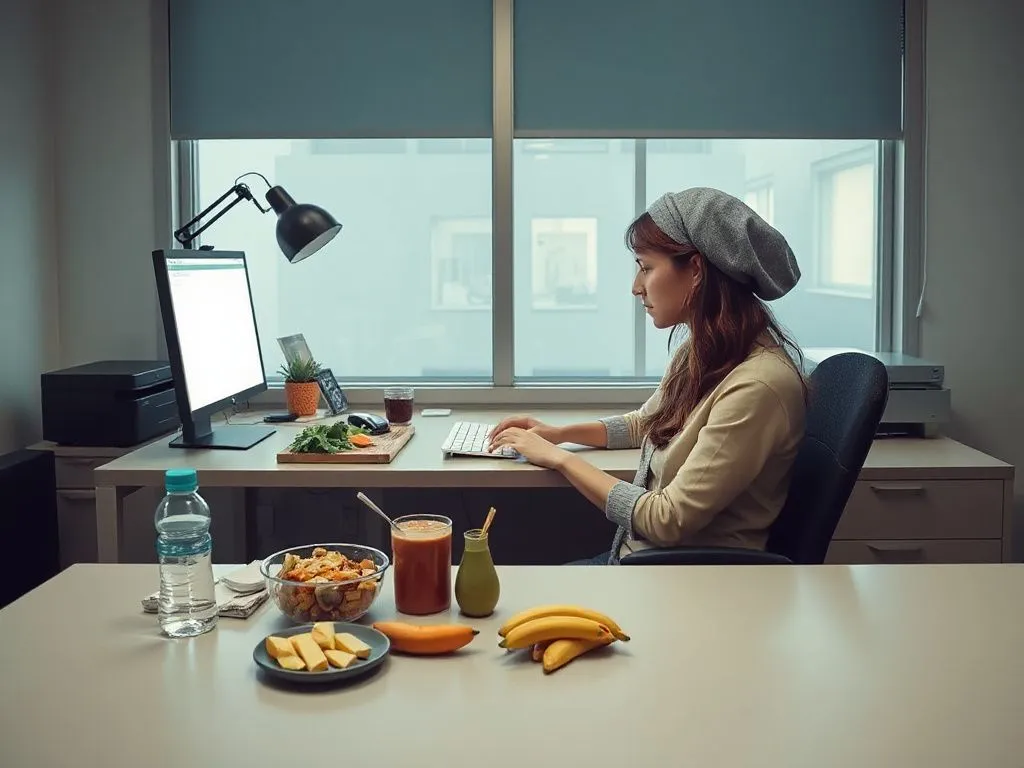 Photorealistic image of a woman working on an office desk, surrounded by healthy snacks and a water bottle, showing challenges such as late-night snacking and long sedentary hours.