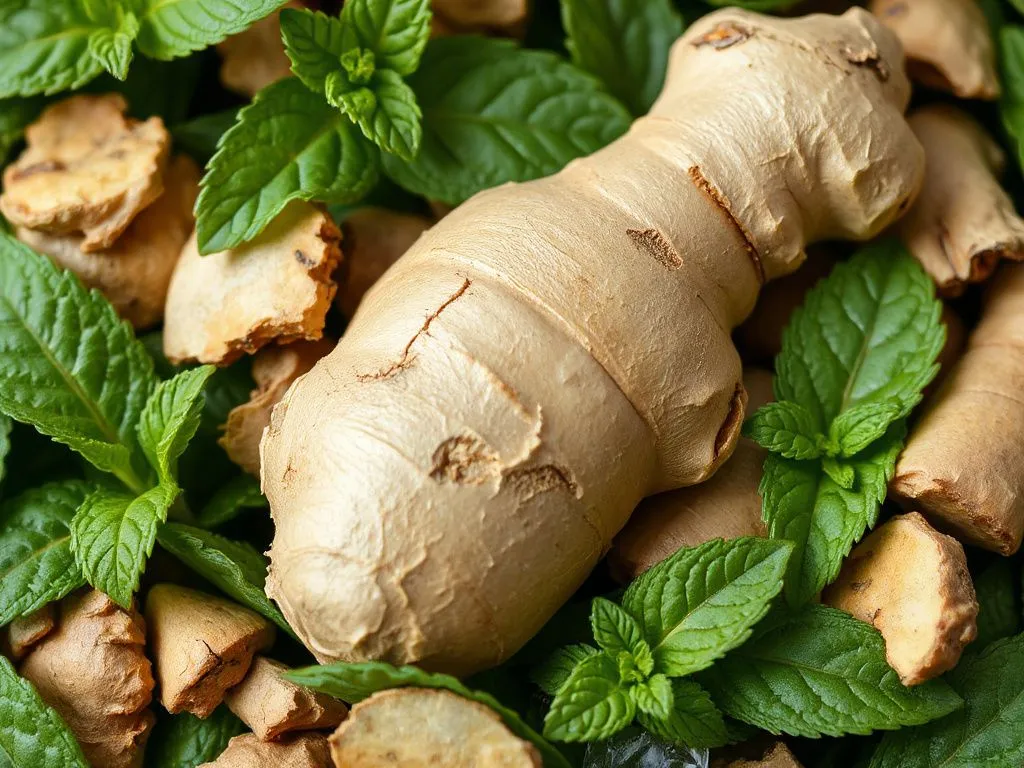 Detail of ginger, mint, and green tea leaves, photorealistic, high quality macro shot, natural lighting