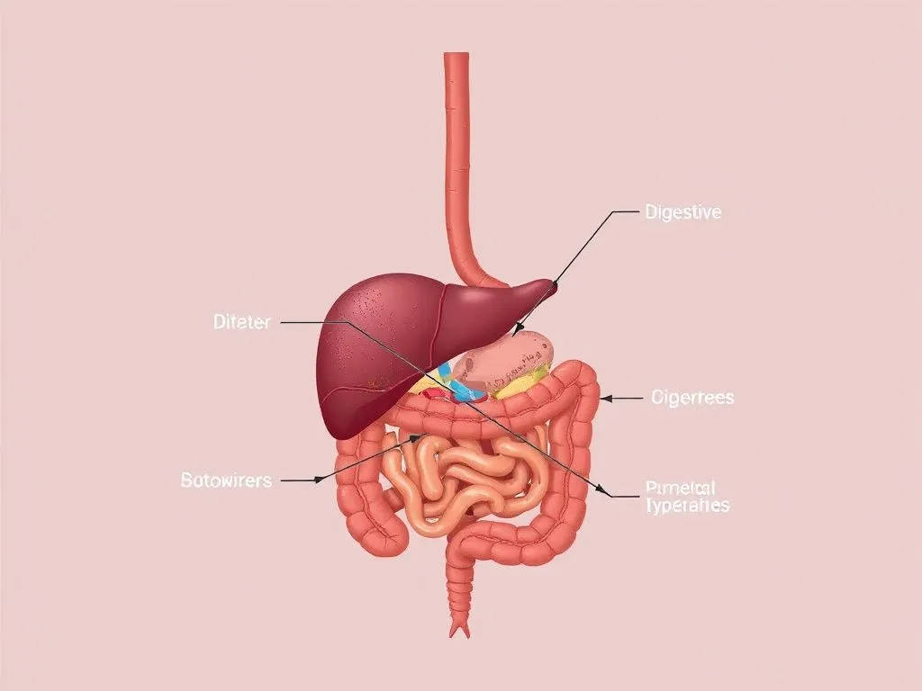Liver and digestive system illustration showing detoxification process, detailed and educational, clean background
