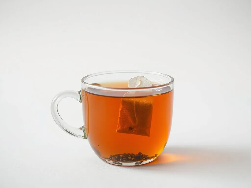 Steaming cup of herbal tea with a tea bag infused in hot water, minimalist, professional lighting, clean background