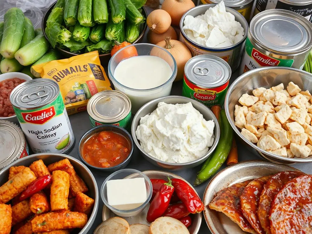 Various high-sodium foods like canned goods, alongside dairy products and spicy dishes, detailed and arranged neatly, photorealistic