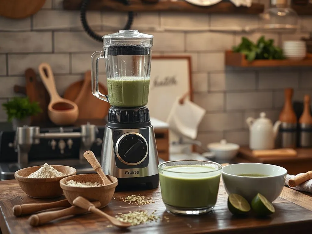 A cozy kitchen scene preparing matcha with traditional tools and modern blender, photorealistic, high quality, professional lighting, detailed