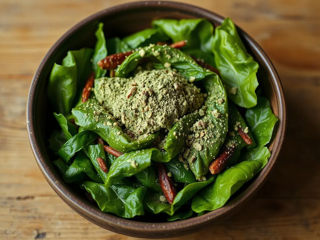 A fresh bowl of green salad topped with a sprinkle of matcha powder, photorealistic, high quality, professional lighting, vibrant colors