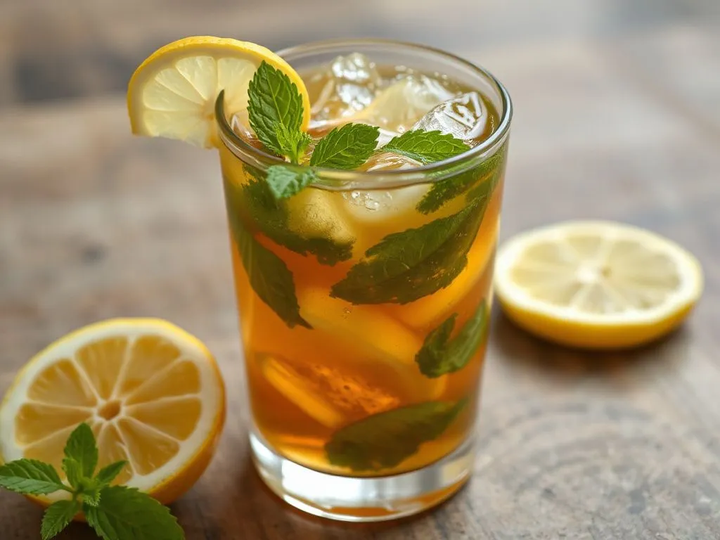 A refreshing glass of iced matcha tea with mint leaves and lemon slices, photorealistic, high quality, professional lighting, close-up view