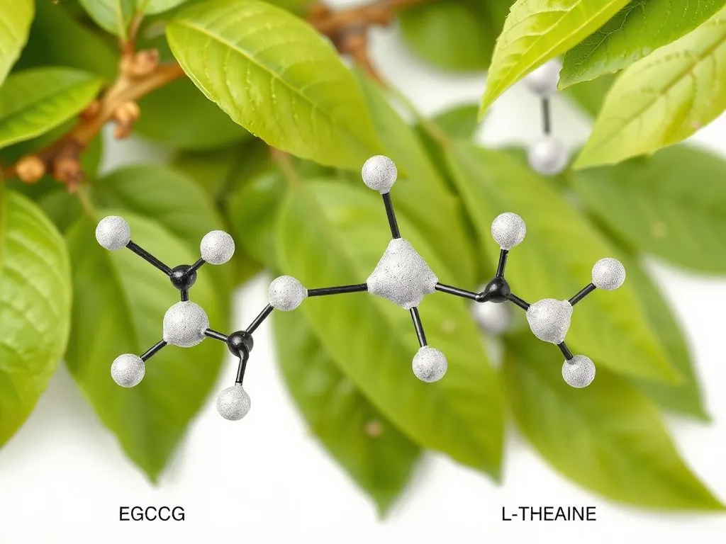 A scientific illustration of antioxidants and caffeine molecules like EGCG and L-theanine, detailed, professional style, educational, molecular structures