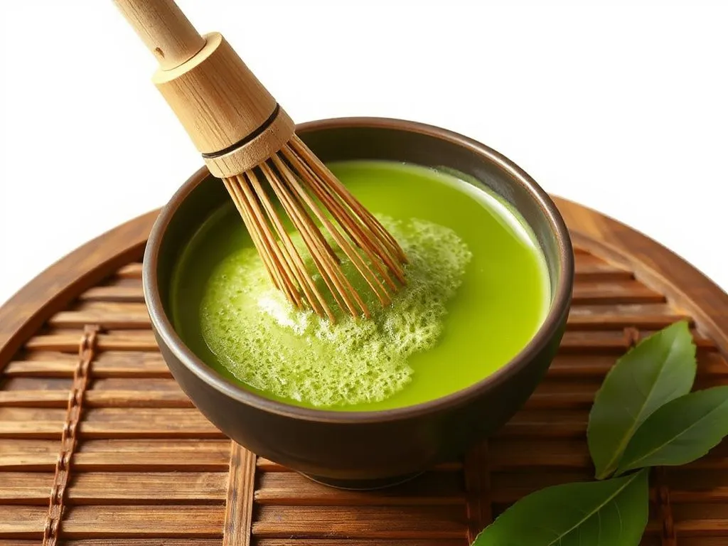 Artistic depiction of matcha tea being prepared with a bamboo whisk in a traditional setting, showing frothy vibrant green matcha in a tea bowl, clean and aesthetic style