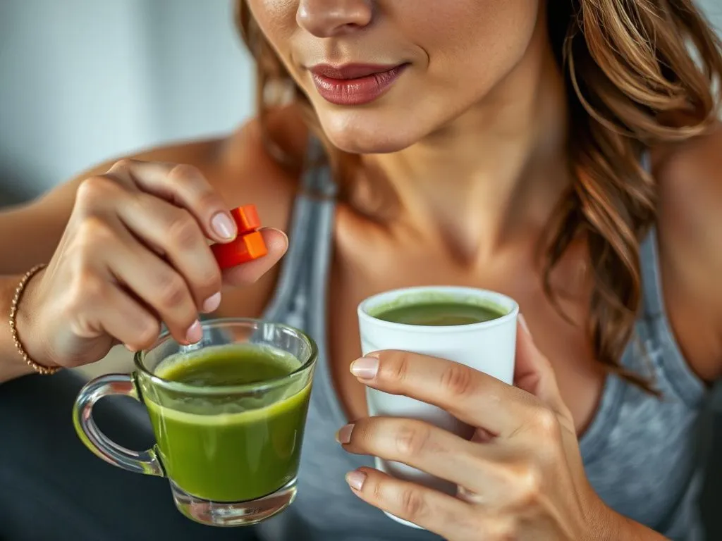 Professional close-up image of a person performing exercises, energized by matcha tea consumption, illustrating healthy lifestyle benefits, vibrant and motivational
