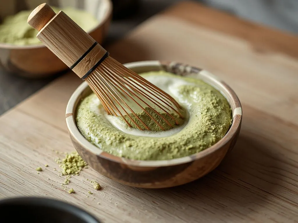 Detailed image of matcha powder preparation method, using a traditional bamboo whisk, capturing the smooth frothy texture in a calming setting, high-quality photography