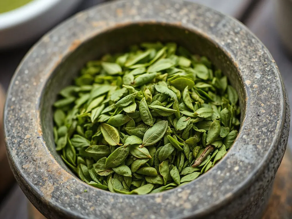 Detailed image of matcha tea leaves being carefully ground on a stone mill, showing the vibrant green color and fine texture, professional photography style