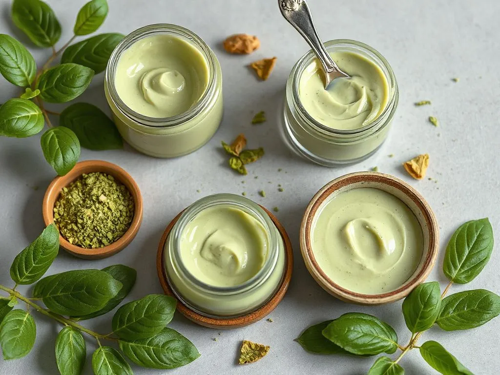 Photorealistic image of matcha-infused skincare products, with elements like jars of cream, bowls of matcha, and fresh green leaves, soft lighting and soothing colors