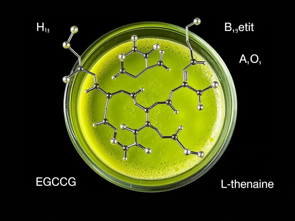 Photorealistic image of various antioxidants compounds found in matcha tea, including EGCG and L-theanine, represented as molecular structures, high quality visualization