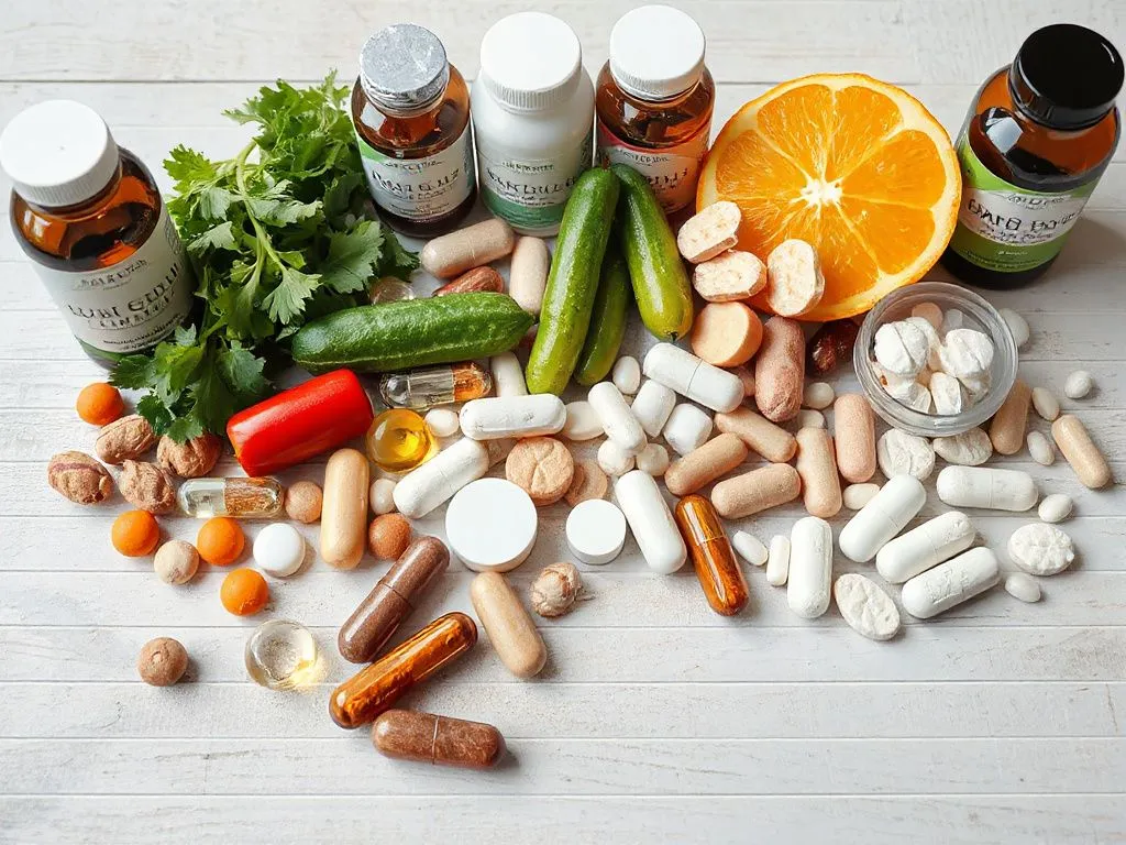 Comparison of dietary supplements on a table, diverse types, photorealistic, clean and organized layout Comparison of dietary supplements on a table, diverse types, photorealistic, clean and organized layout