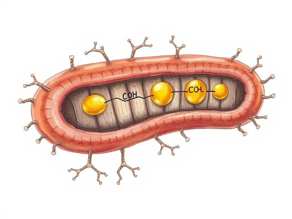 Illustration of mitochondria transporting fatty acids, detailed molecular representation, scientific illustration Illustration of mitochondria transporting fatty acids, detailed molecular representation, scientific illustration
