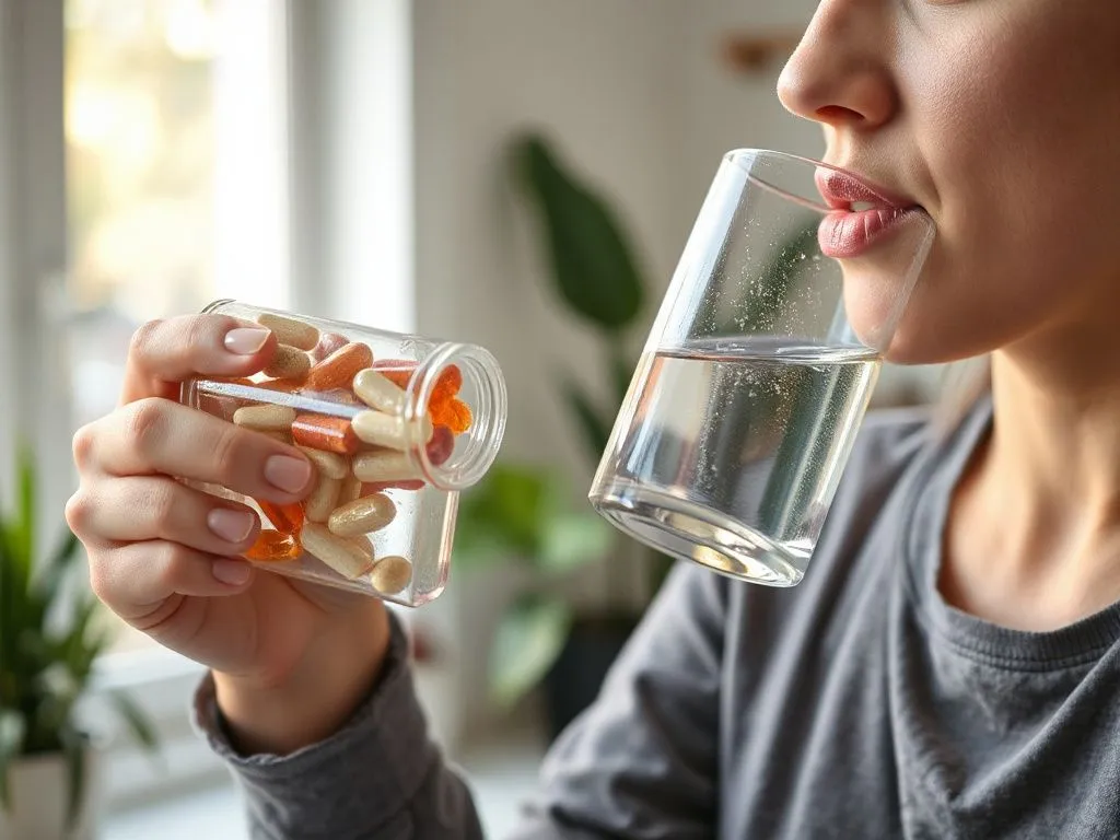 Person taking daily supplement and drinking water, healthy lifestyle concept, photorealistic, bright lighting Person taking daily supplement and drinking water, healthy lifestyle concept, photorealistic, bright lighting