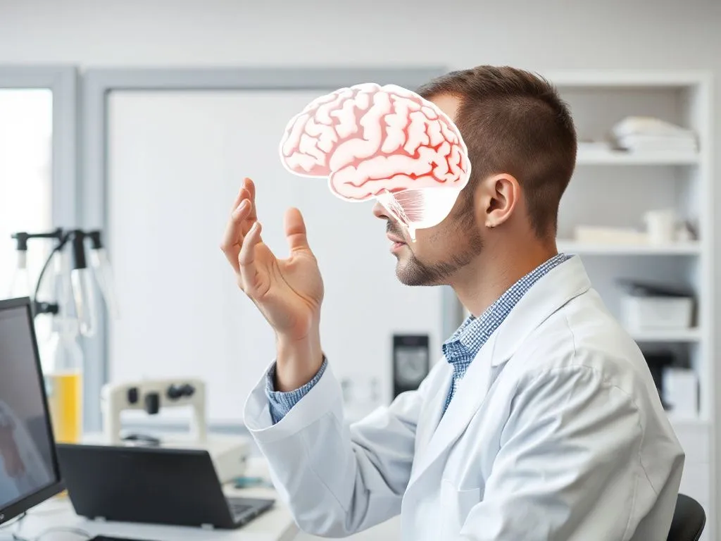 Scientist studying brain function, cognitive research, laboratory setting, professional Scientist studying brain function, cognitive research, laboratory setting, professional