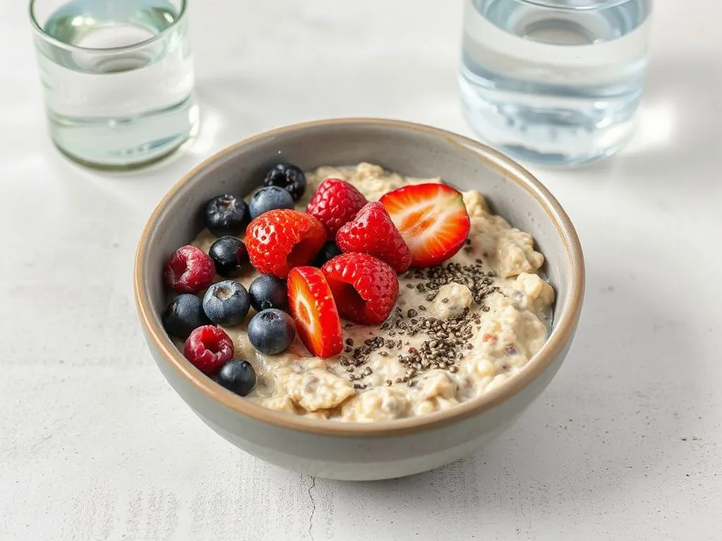 A bowl of oatmeal topped with fresh berries and chia seeds, next to a glass of water, symbolizing a healthy fiber-rich breakfast, detailed, bright lighting