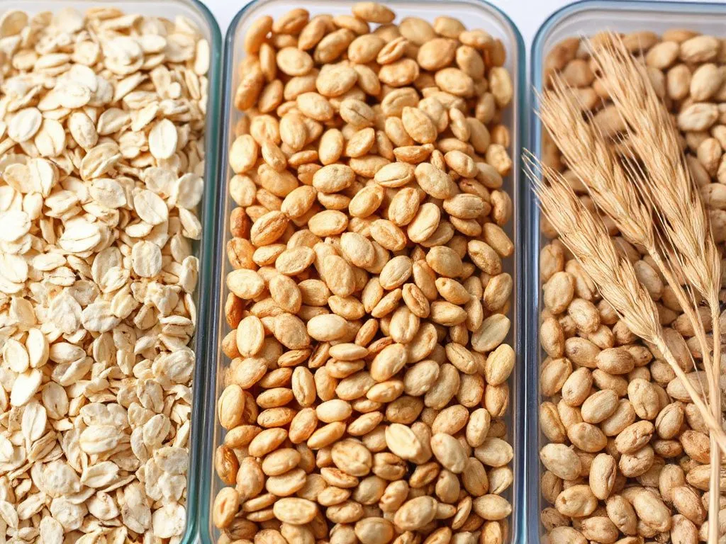 Close-up of various grains like oats, barley, and wheat in separate containers, representing sources of soluble dietary fiber, professional photography, high resolution