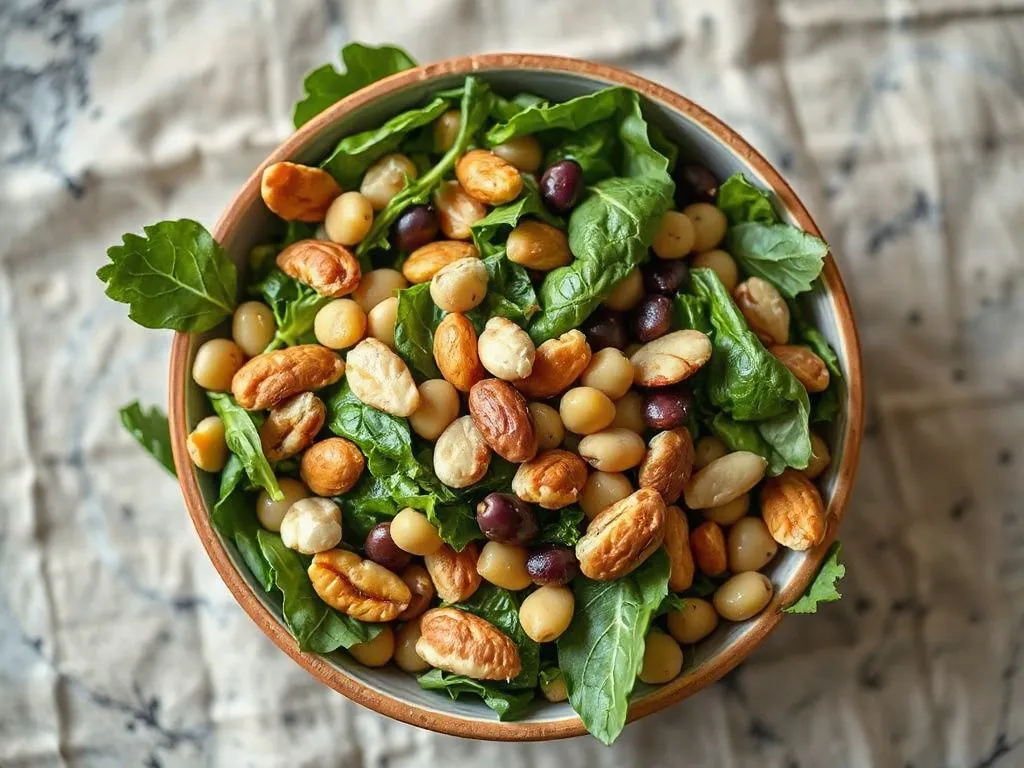 A healthy salad bowl containing mixed greens, legumes, and nuts, illustrating a high-fiber meal, top view, detailed, natural lighting