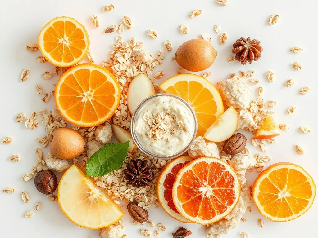 Photorealistic image of diverse foods creating a gel-like texture to promote fullness, including oats, apples, citrus fruits, detailed, professional photography Photorealistic image of diverse foods creating a gel-like texture to promote fullness, including oats, apples, citrus fruits, detailed, professional photography