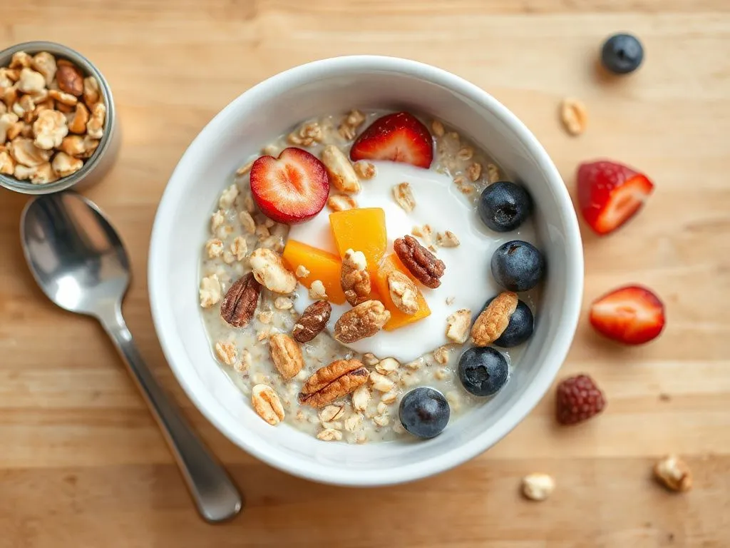 Professional image of a healthy breakfast preparation with oats, fruits, nuts, reflecting overnight oats preparation with milk or yogurt, high quality, detailed Professional image of a healthy breakfast preparation with oats, fruits, nuts, reflecting overnight oats preparation with milk or yogurt, high quality, detailed