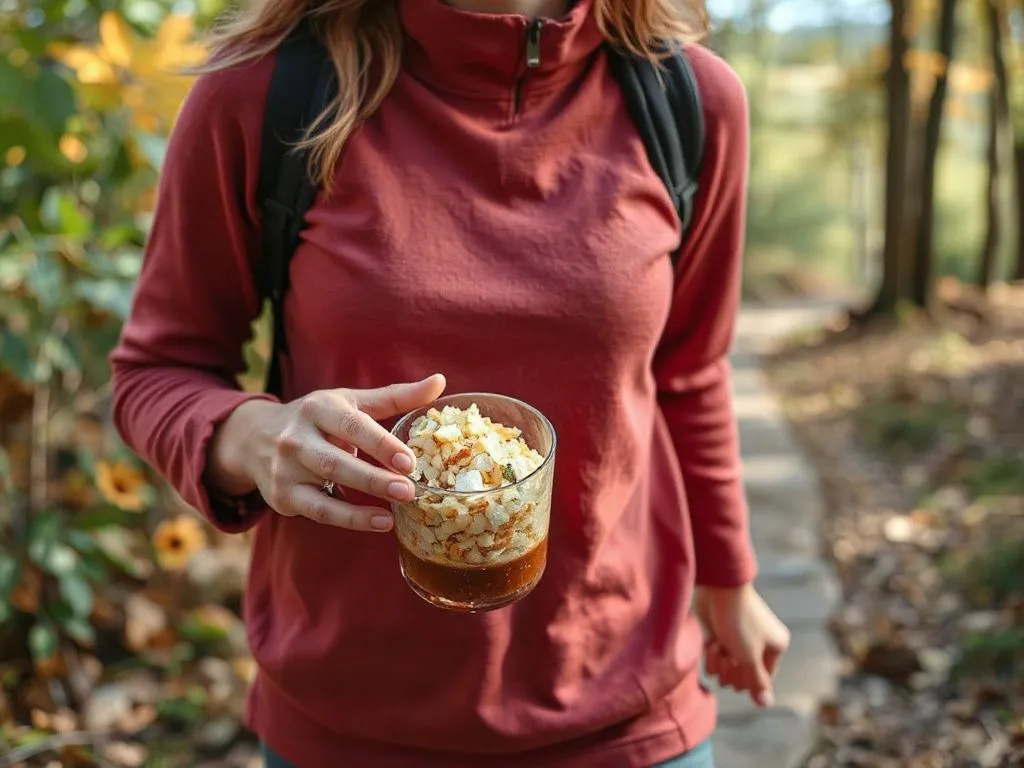 Image of a person combining natural fiber intake with physical activities like walking in nature, photorealistic, healthy lifestyle depiction Image of a person combining natural fiber intake with physical activities like walking in nature, photorealistic, healthy lifestyle depiction