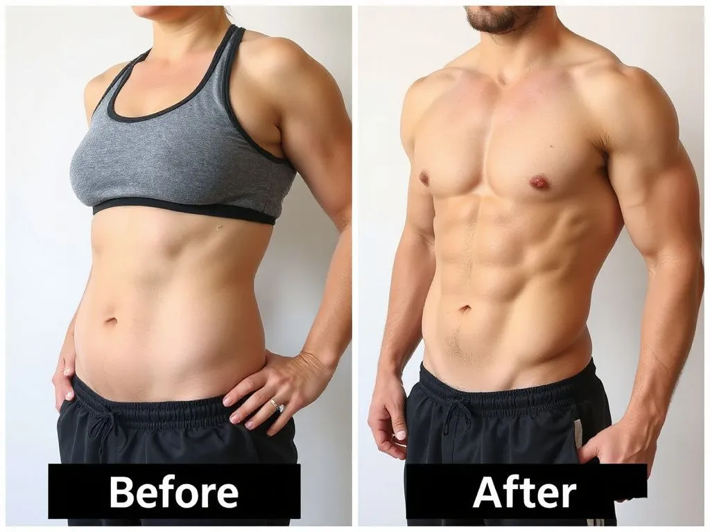 Before and after weight loss transformation, showing decreased waistline and increased muscle mass, realistic photography, focus on fitness achievement