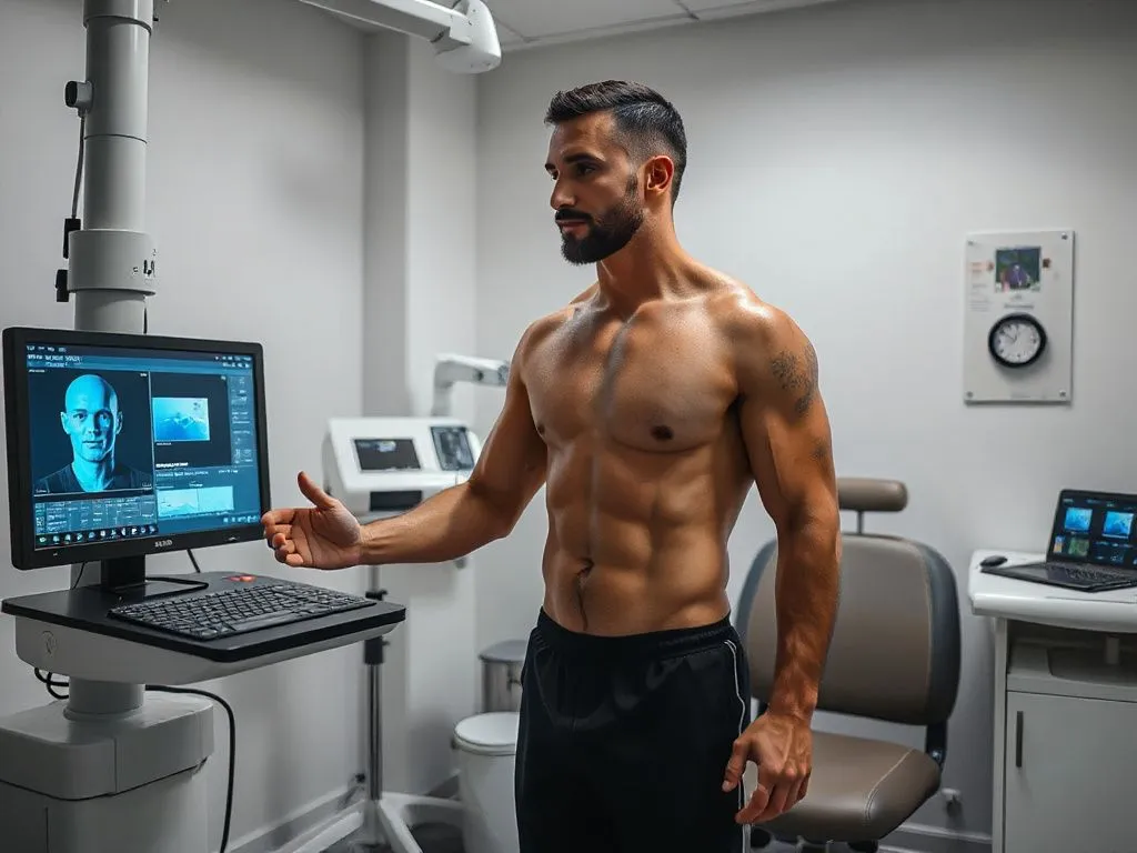 In-depth body composition analysis happening in a medical setting, showcasing high-tech equipment and an individual getting analyzed, photorealistic, high-quality imagery