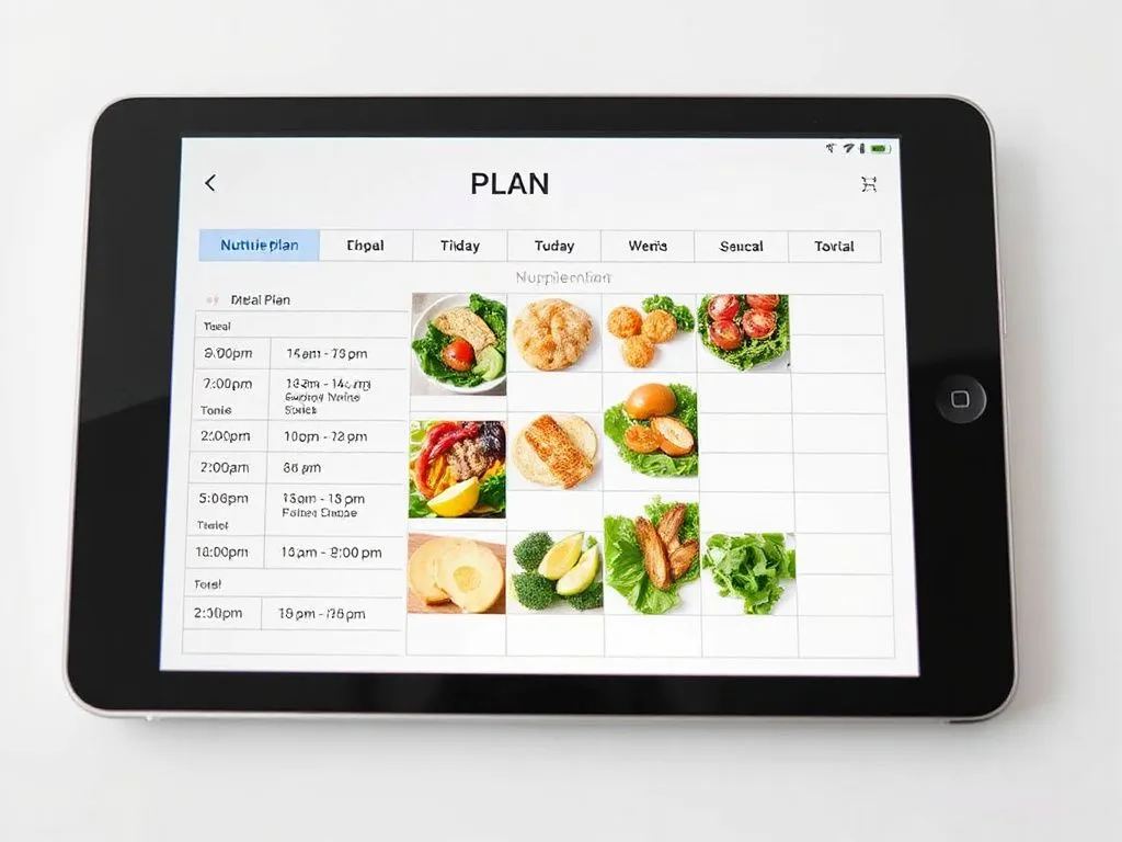 Detailed nutrition plan on a tablet, showing meal times and supplement schedule, professional photography, minimalist design, focused on the digital plan interface