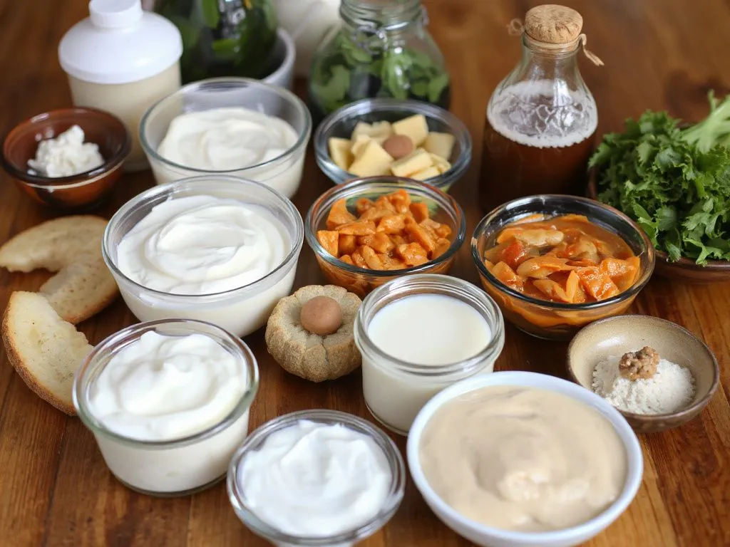 Assorted fermented foods rich in probiotics like yogurt, kimchi, kefir, and miso displayed on a wooden table, natural lighting, detailed, appetizing presentation