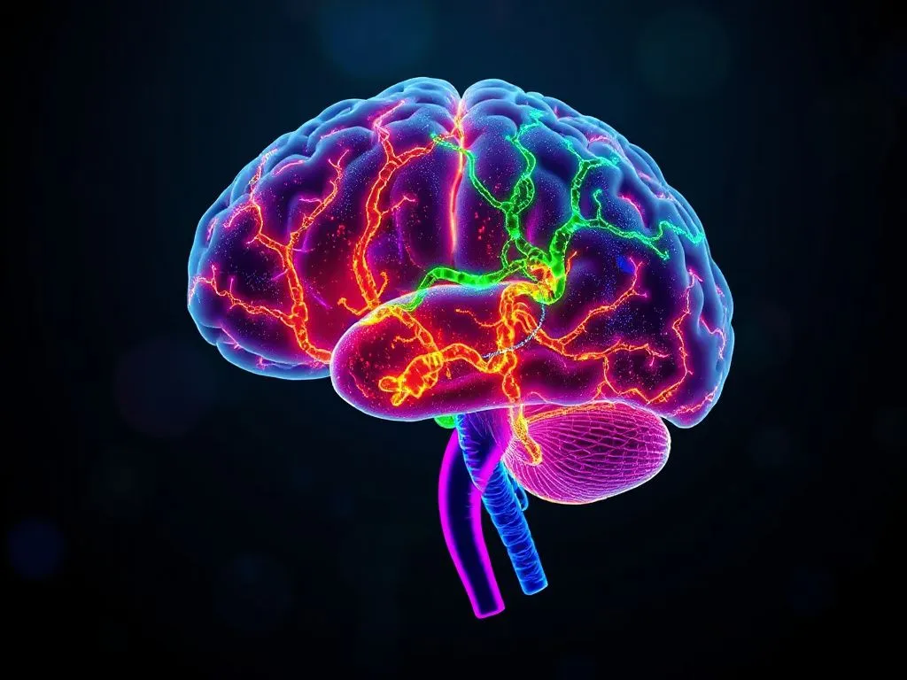 Brain with colorful connections representing interaction with gut microbiome, photorealistic, high quality, scientific visualization