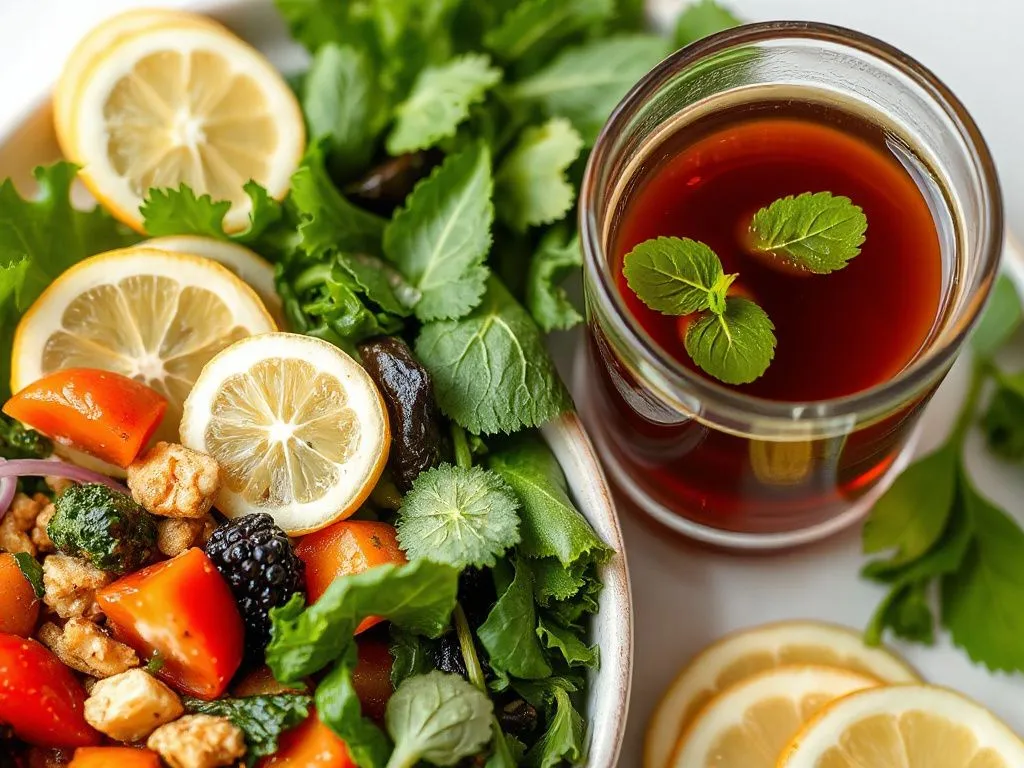 Close-up of healthy meals and detox tea with fresh greens and vibrant colors, representing a balanced diet, high quality, detailed photography Close-up of healthy meals and detox tea with fresh greens and vibrant colors, representing a balanced diet, high quality, detailed photography