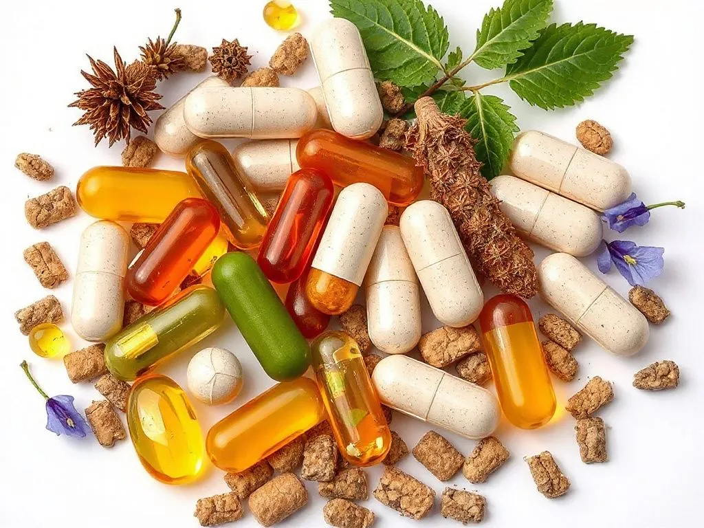 Collection of natural supplement capsules with herbal elements, professional photography, clean background, detailed, representing dietary supplements Collection of natural supplement capsules with herbal elements, professional photography, clean background, detailed, representing dietary supplements
