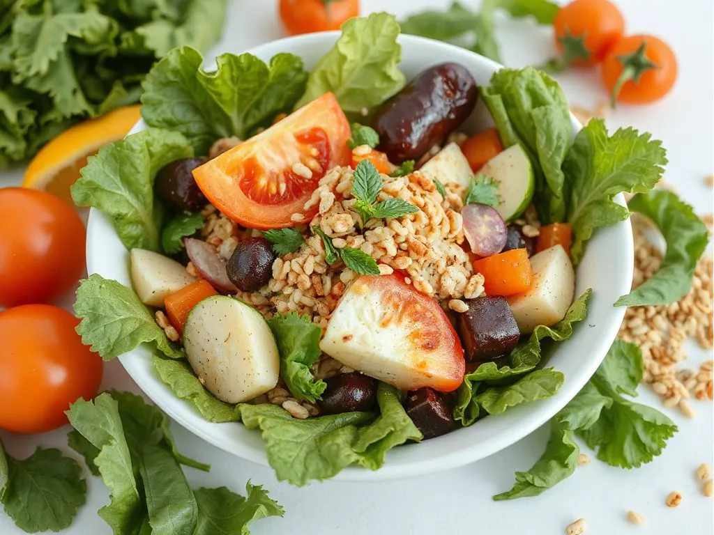 Healthy salad with fresh vegetables and grains, presented in a minimalist style, high quality, emphasizing nutrition and health Healthy salad with fresh vegetables and grains, presented in a minimalist style, high quality, emphasizing nutrition and health