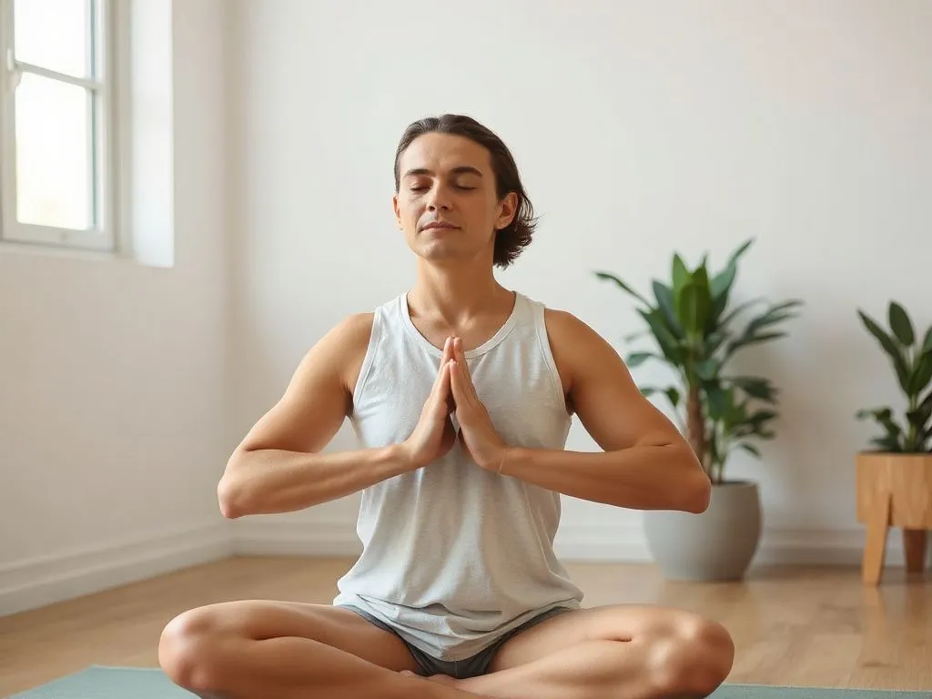 Relaxed and focused individual practicing mindfulness and yoga, serene setting with natural light, enhancing body and mind wellness Relaxed and focused individual practicing mindfulness and yoga, serene setting with natural light, enhancing body and mind wellness