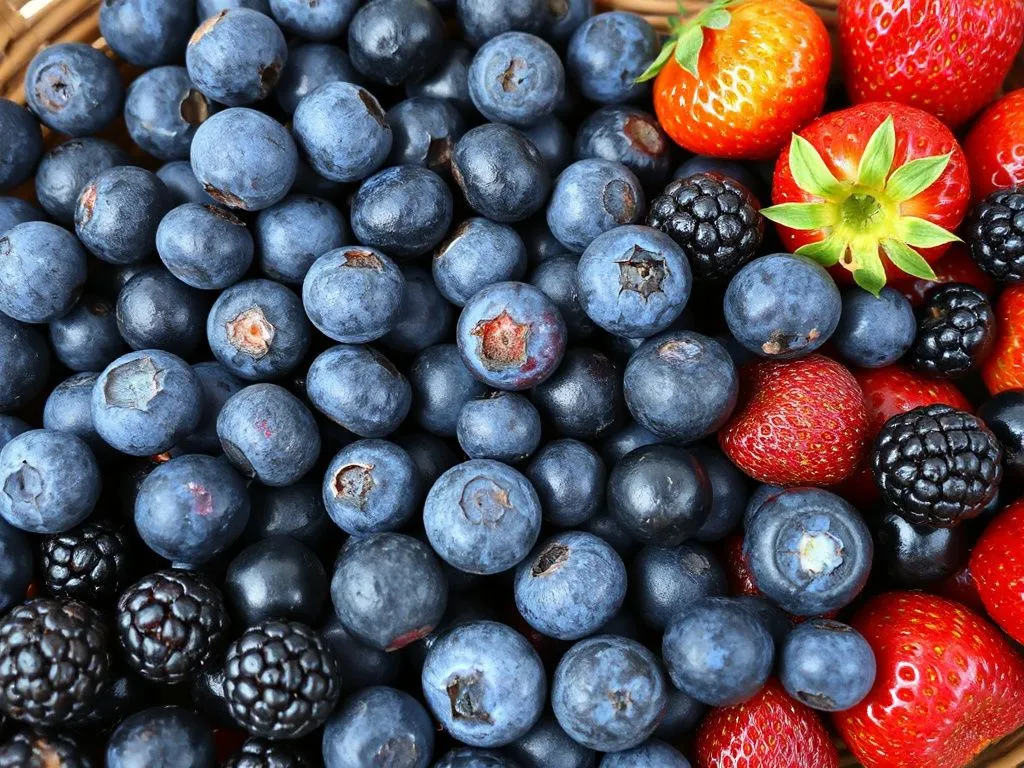 Different kinds of berries, including blueberries, blackberries, and strawberries in a basket, showcasing rich colors and textures, photorealistic, high quality