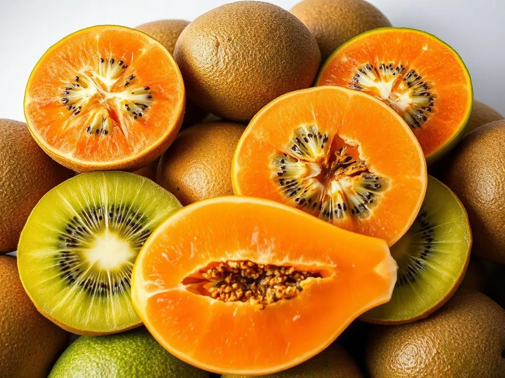 Kiwifruit and papayas sliced open to reveal their lush textures and colors, surrounded by whole fruits, photorealistic, high quality, vibrant details
