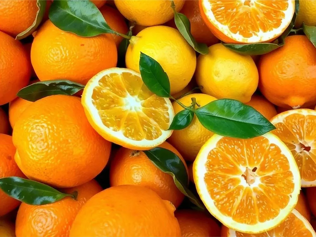 Orange fruits including oranges, lemons, and grapefruits displayed with their peels and flesh exposed, showing vibrant colors, photorealistic, high quality, detailed textures
