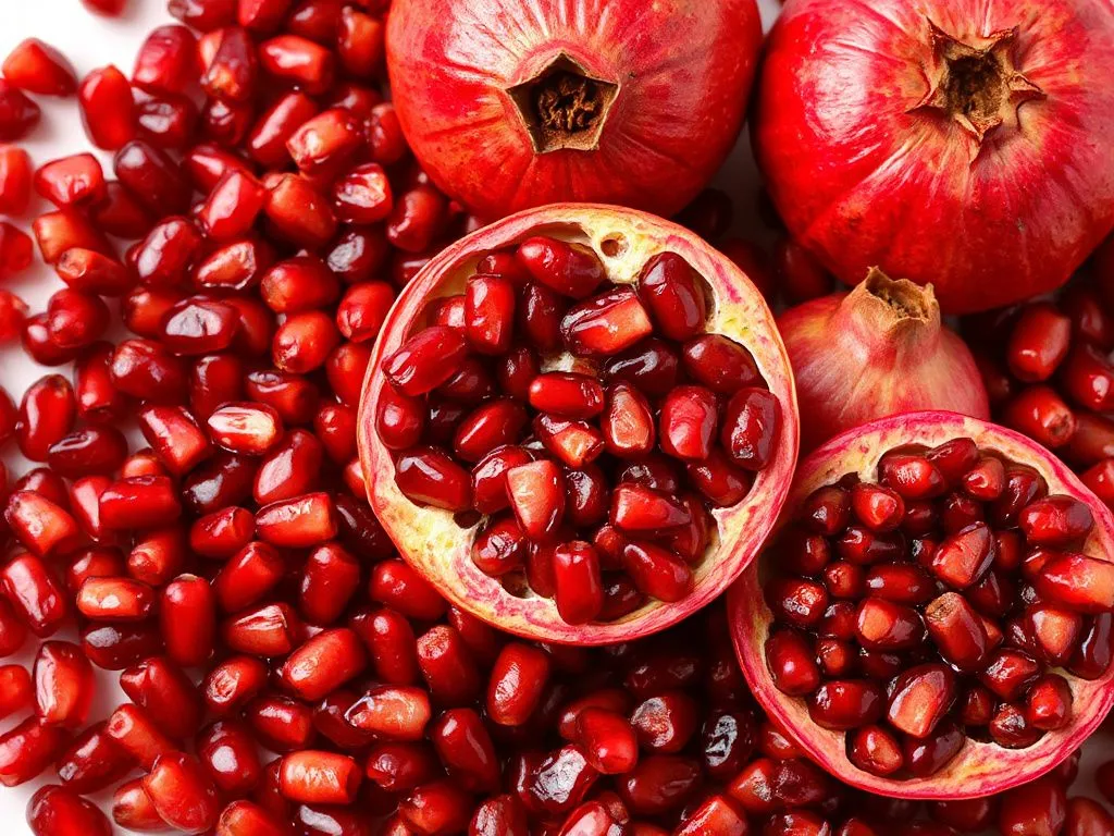 Pomegranate seeds and whole pomegranates artistically arranged, showcasing the rich red hues and detailed textures, photorealistic, high quality