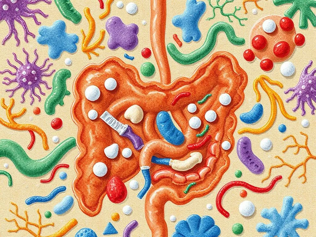 Artistic representation of diverse gut bacteria and intestinal health, abstract, colorful, and scientifically detailed
