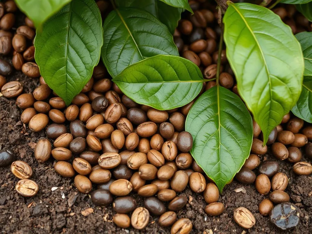 Close-up of organic coffee beans with natural soil and lush green leaves, detailed and high quality, shows organic farming practices