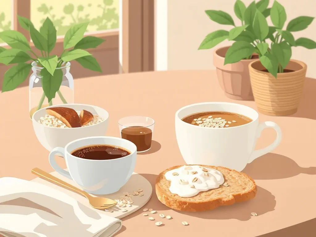 Illustration of a refreshing morning breakfast setup featuring a cup of organic coffee, healthy food like oats and yogurt, cozy and inviting atmosphere