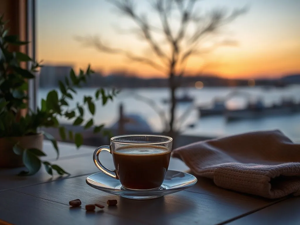 Image of a serene evening scene with a warm cup of decaffeinated organic coffee, relaxing ambiance, soft lighting