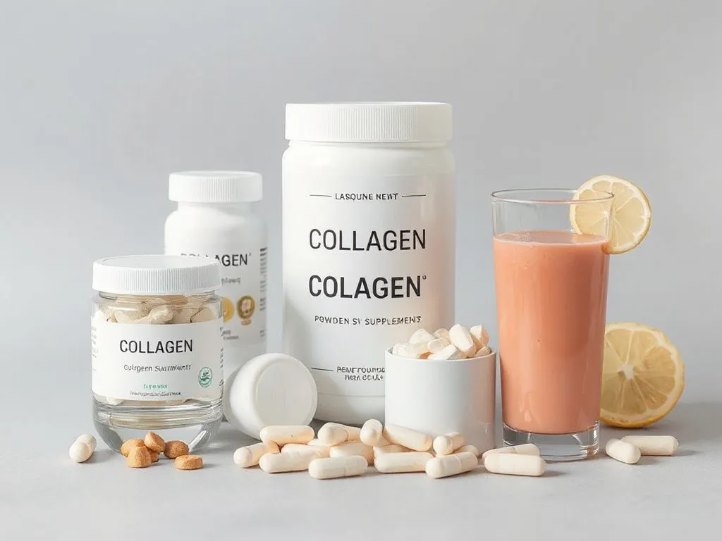 Collagen supplements in various forms, including powder, capsules, and beverages, modern and clean design